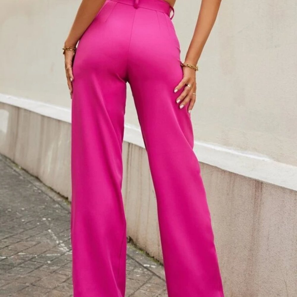 Classic Colorpop High Waist Seam Detailed Pink Straight legged Pants - Picture 7 of 8